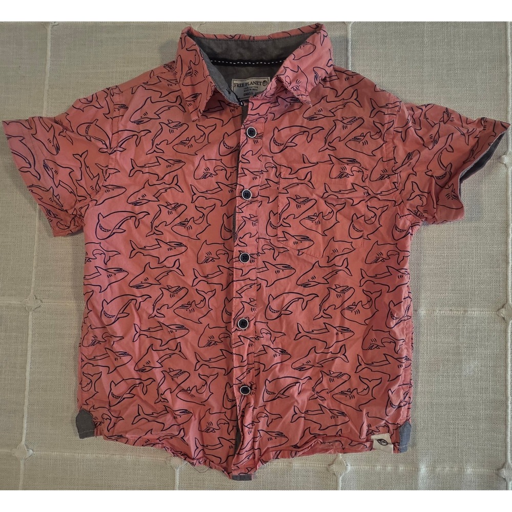 Free Planet Boys Shark Print Button Down Shirt Salmon Pink Size Small 5 Cotton